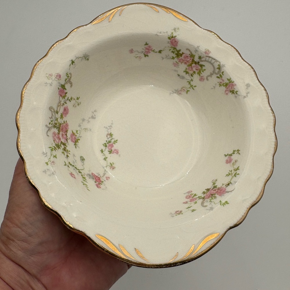 Vintage Pope Gosser China Floral Scalloped Bowl in Pink and Gold